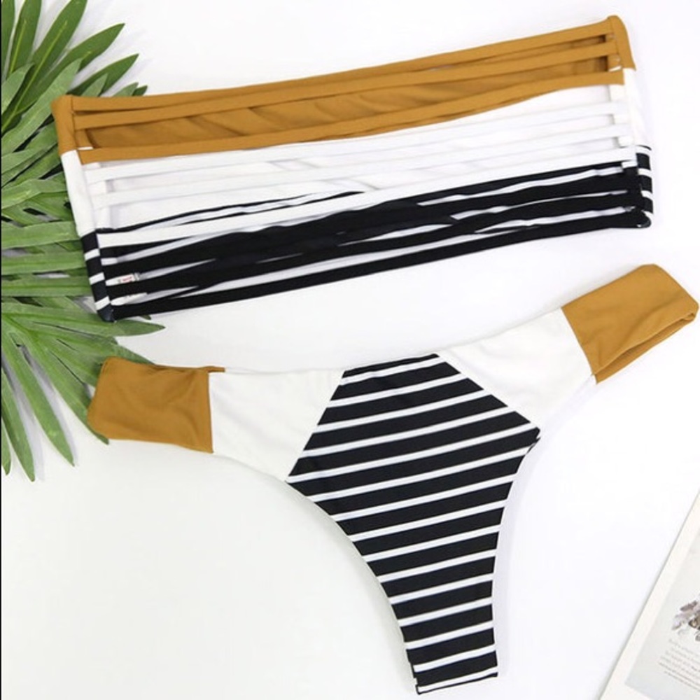 Stripe Bandeau Ruched Strappy Bikini Swimsuit - Picture 2 of 4